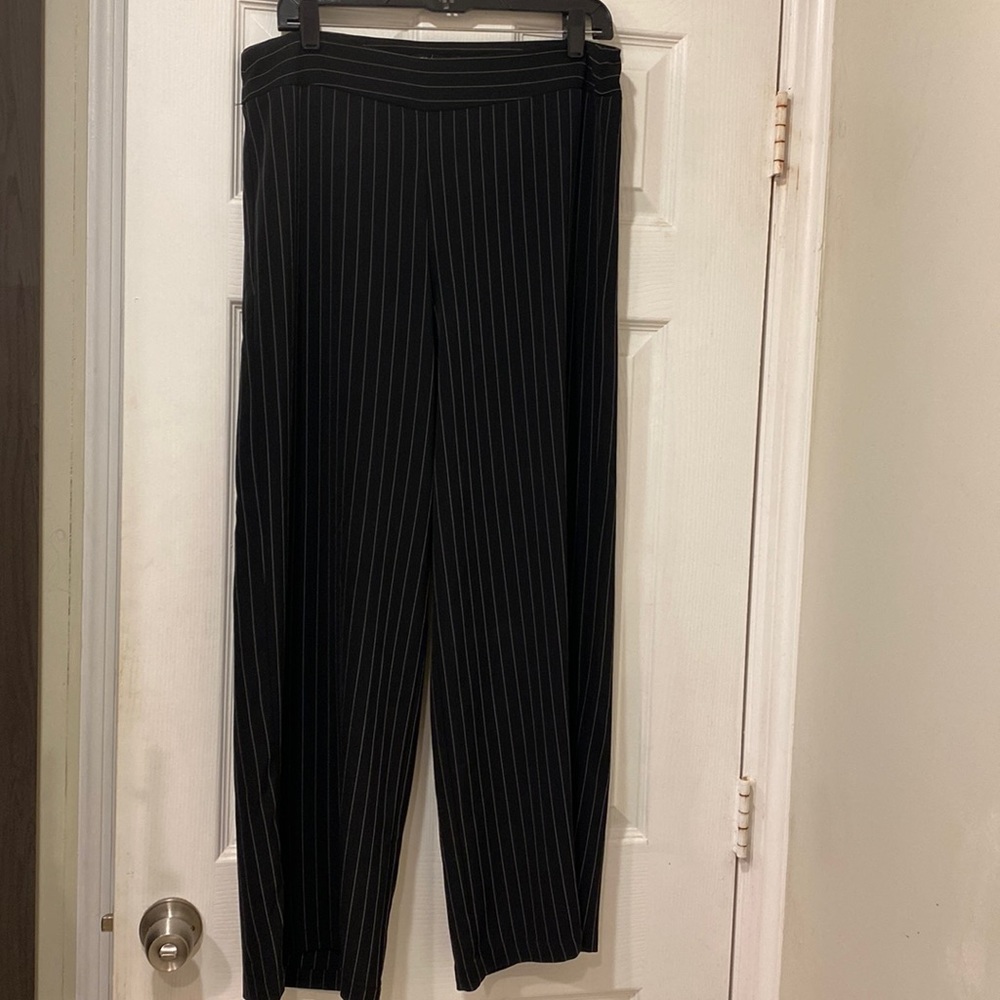 Black pin striped stretch wide leg pants